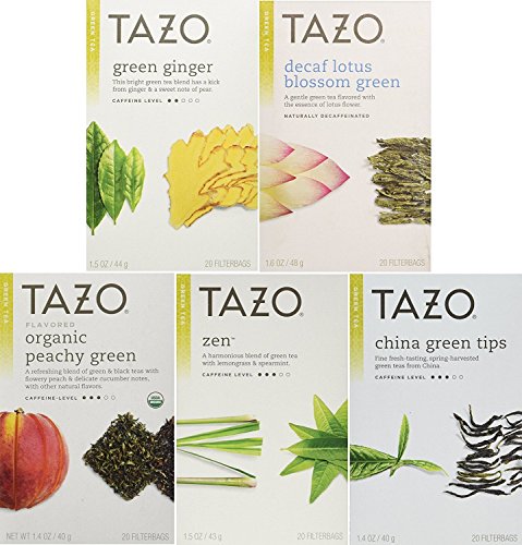Tazo Green Tea Energizing 5 Flavor Variety Pack Sampler (Pack of 5, 100 Bags Total)