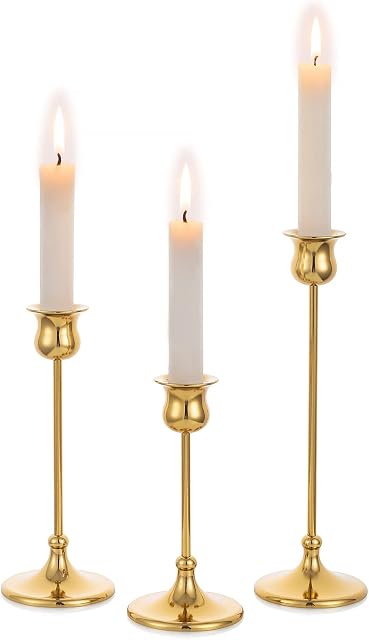 Nuptio Gold Candle Holders for Candlesticks - 1 Set/3 Pcs Metal Candlestick Holders for Taper Candles & Candle Sticks Modern Decorative Wedding Centerpiece Stand Dinning Party Mantel Decorations