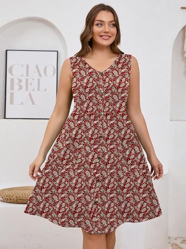 Image of AusLook Plus Size Women Summer Dresses Sleeveless Casual Loose Swing Button Down Midi Dress with Pockets 1X-5X