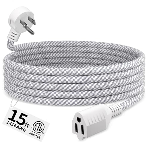 Seeklyze 16 Gauge Braided Extension Cord 15 FT 16/3 Flat Plug Power Cord Indoor 3 Prong White Extension Cable Flexible for Home Dorm Room Essentials 13A 125V 1625W ETL Listed