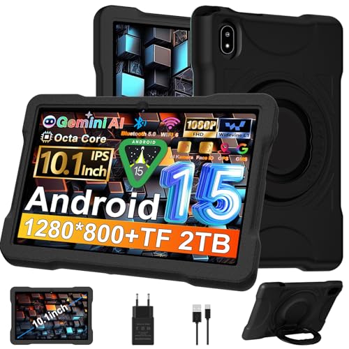 Tablet 10 Pulgadas con 30GB RAM+TF 2TB, Octa Core 2.0Ghz/GMS, Widevine L1/5G WiFi/Bluetooth 5.0, Juegos Educativos, 5MP+8MP/1280*800, Newest Android 15 tablet Niños con Funda EVA+360° Giratorio, Negro