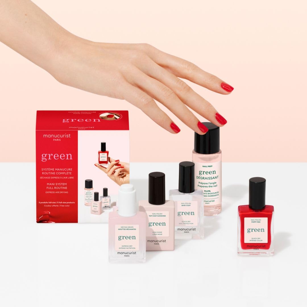 Manucurist Sistema Green Rosso Poppy Red - Kit Smalto Resistente Senza Lampada : 1 Sgrassante, 1 Base Coat, 1 Smalto Unghie, 1 Top Coat, Gocce Asciuganti - Smalto Unghie Lunga Durata - Regalo Donna