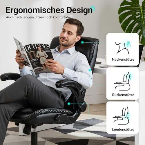 COLAMY Schreibtischstuhl, Ergonomischer Bürostuhl mit Verstellbaren Armlehnen, Chefsessel mit Hoher Rückenlehne, Höhenverstellbar und Neigbar Drehstuhl mit Dicker Lederpolsterung, Schwarz