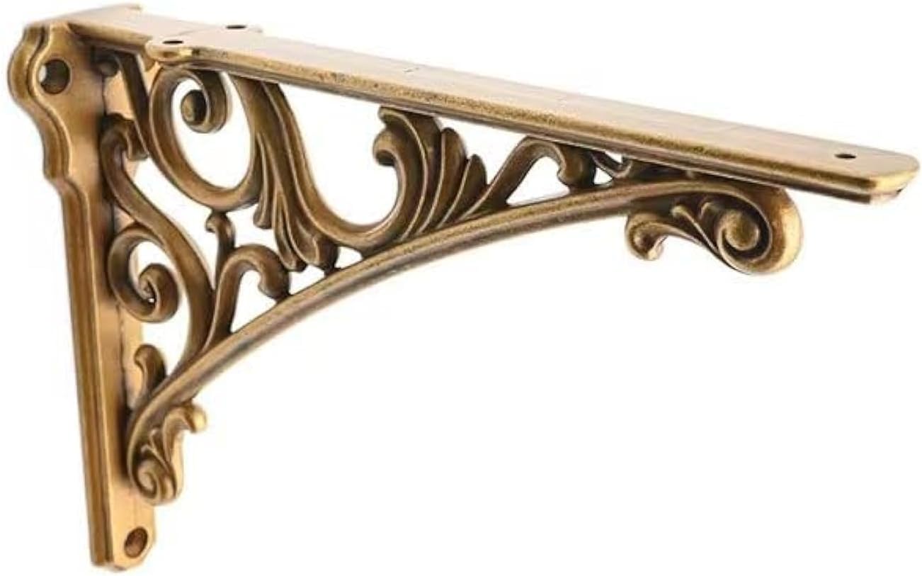 Decorative Shelf Bracket 10 inch, Antique Brass Shelf Brackets for Shelving, Heavy Duty Vintage, DIY Projects, Hardware Included, 4 Pack, 9.84x7x1.73 inch,Baroque Style
