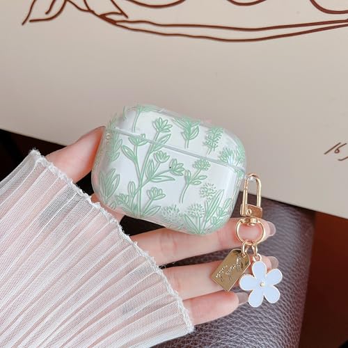 Image of MINSCOSE for AirPods Pro 2nd /1st Generation Clear Case,Cute Flower Floral Aesthetic Design with Floral Keychain, Soft TPU Protective Shockproof Case for Women Girl for Airpods Pro /Pro 2-Green