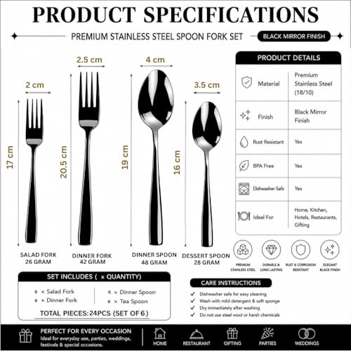 Image of Classic Black 24 Pcs Stainless Steel Cutlery Set for Dining Table, Dishwasher Safe Glossy Flatware (Perfect Spoon Fork Set)