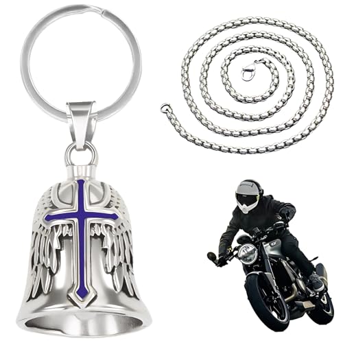Guardian Bell Biker Bell, Motorrad Glocke Schutzengel Schlüsselanhänger, Glöckchen Motorrad Glücksbringer, Motorradglocke mit Halskette, Schutzglocke für Segne Den Frieden Motorrad-Zubehör (Kreuz)