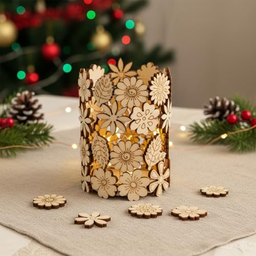 100 PCS Unfinished Wood Flowers Wood Slice Leaf Pattern Cutouts Mini Wooden Handmade Craft Decoration Supplies DIY Art Project Wooden Pieces Scrapbook Embellishments