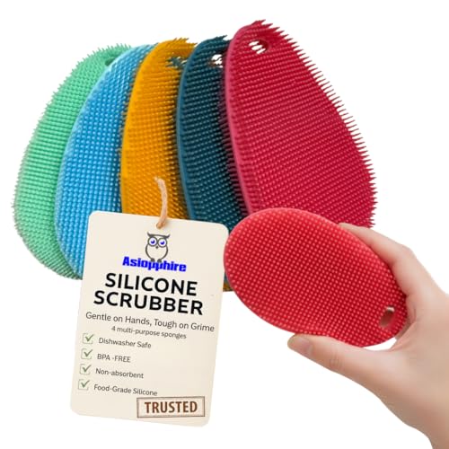 Image of Silicone Sponge Dish Scrubber - Food Grade and Housecleaning - BPA Free Silicone Kitchen Scrubber [5 Pack Ovals Summer]