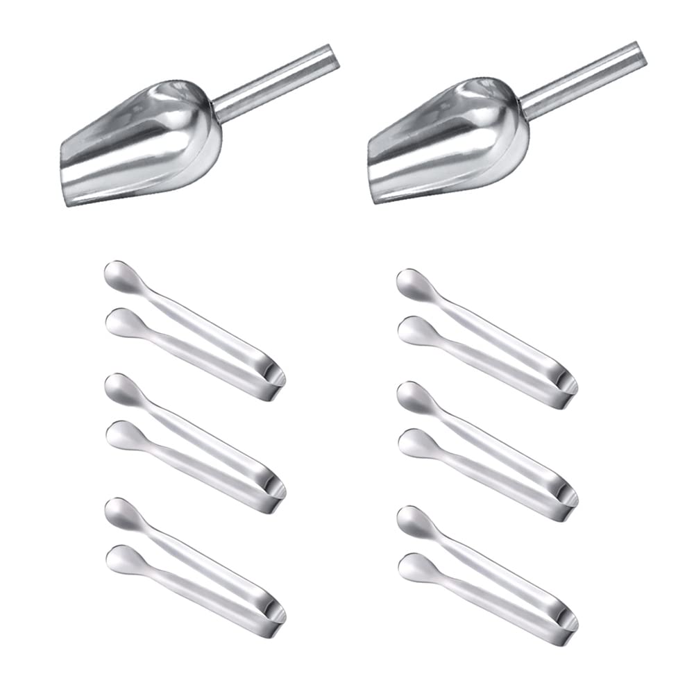 6 Pinzas y 2 Palas de Comida de Acero Inoxidable Plateado, Candy Clip|Pinzas para Hielo, 11*1,6 cm