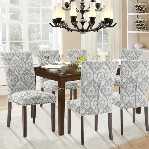 Image of Parsons Dining Chairs Set of 4, Upholstered Nailhead Dining Room Kitchen Side Chair with Thick Cushions and Wood Legs, White /Grey