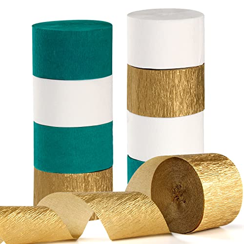 Image of Teal-Turquoise White Gold Party-Decorations Streamers - 9 Rolls Woman Girl Birthday Crepe Tissue Paper Streamer Graduation Wedding Bachelorette Engagement Bridal Baby Shower Garland Decor Panduola