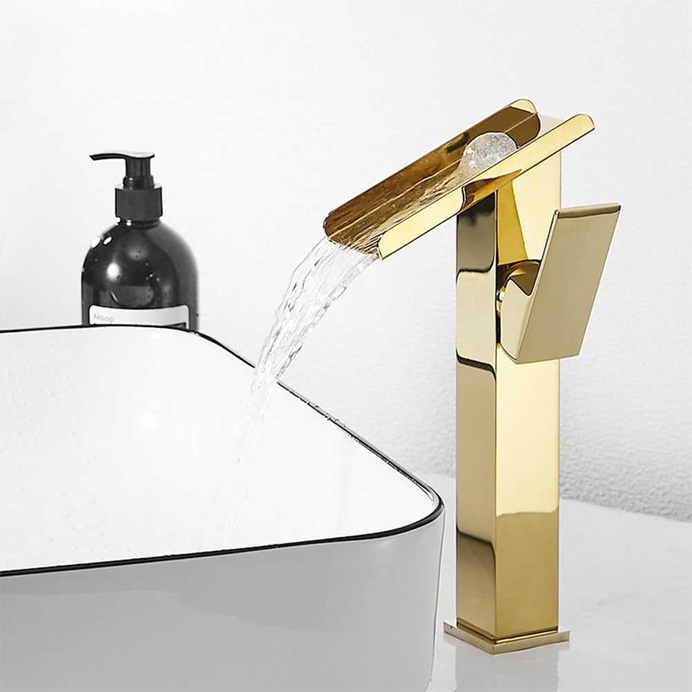 Wasserhahn Bad Wasserfall Waschtischarmatur Messing Einhebel Mischbatterie Hoch Waschbecken Armatur, Badarmatur Waschtischbatterie Badezimmer, Gold