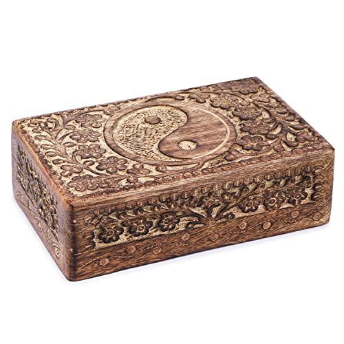 Ajuny Wooden Hand Carved Decorative Jewelry Box Tai Chi Carvings Vintage Keepsake Storage Organizer Travel Treasure Chest Trinket Holder Case Great Gifts 8x5 Inch - Image 2