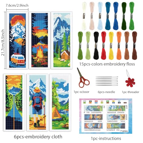 Image of INFUNLY 6pcs Camping Theme DIY Cross Stitch Bookmark Kits for Beginner Mountain View Stamped Embroidery Kits with Instruction Tourist Scenery Printed Bookmark Kit for Traveller Book Readers Writers