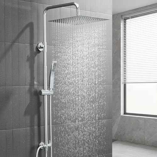 Auralum Regendusche ohne Armatur, Duschsystem Edelstahl mit Regendusche Duschkopf 30cmx30cm eckig, Duschgarnitur mit Messing-Wasserteiler, Höhenverstellbar Duschstange, Duschset Chrom