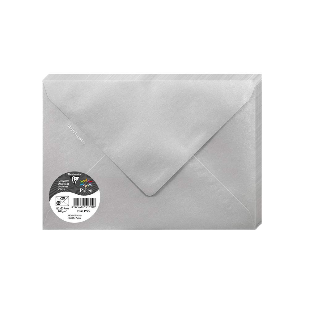 Clairefontaine 51190C Silver Iridescent Paper Pack of 20 Gummed Envelopes C5 16,2x22,9cm 120gsm Invitation Events Correspondence Pollen Range Premium Smooth