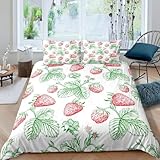 Sezhiqeu Rote Erdbeere Bettwäsche 140x200 3 Teilig, 3D Muster Weich Kuschelig Mikrofaser Bettwäsche Set Obst-Thema Bettbezug + 2 Kissenbezüge 80x80 cm mit Reißverschluss A.1251