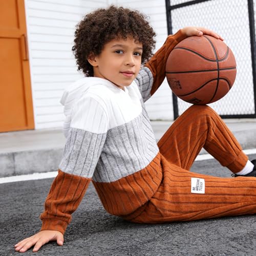 Image of 5-11Y Boys Clothes Long Sleeve Hooded Pullover Colorblock Sweatshirt + Pants 2pcs Fall Winter Outfit Set
