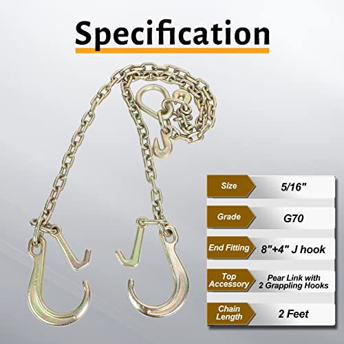 Aikosin Tow Hook G70 Forged 2Ft Towing Chain V Bridle With 8 Inch And 4 Inch J Hooks 4700Lbs Safe Working Load Fit For Flatbed Truck Trailer #TOP1