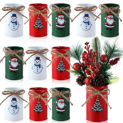 Acellegic 12 Pcs Christmas Vases for Table Centerpieces Decor Farmhouse Vintage Petite Flower Vase with Twine Bow Rustic Galvanized Metal Buckets for Artificial Flowers Home Indoor Fireplace Decor