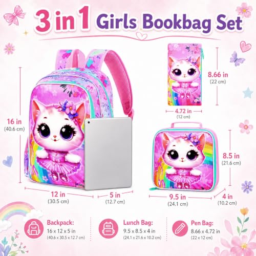 Image of CCJPX 3PCS Cat Backpack for Girls, 16 inchKids Ballet Preschool Bookbag with Lunch Box, Cute Ballet Water Resistant School Bag for Elementary Kindergarten Toddler