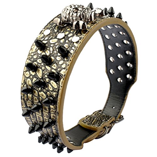 Beirui Spiked Leather Dog Collar - 3 Rows Bullet Rivets Studded PU Leather - Cool Skull Pet Accessories Best Choice for Medium and Large Dogs,Bronze 21-24"