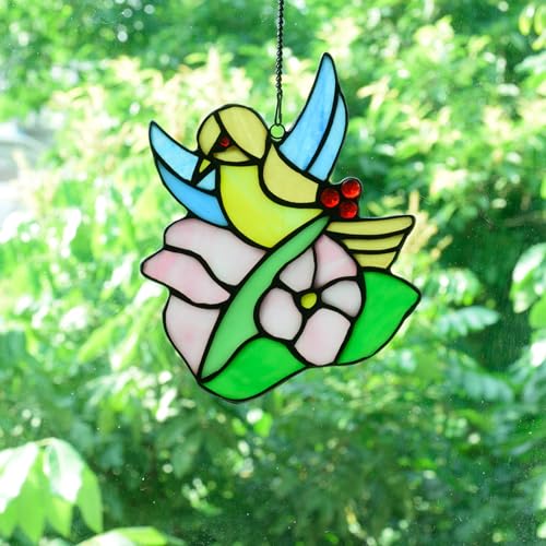 Pájaro Libélula Rosa Girasol Plumas De Pez Atrapasol Tiffany Vidriera Panel Colgante Decoración Navideña, Regalo De Cumpleaños De Vidrio Colorido para La Niña Amante,Rose Bird