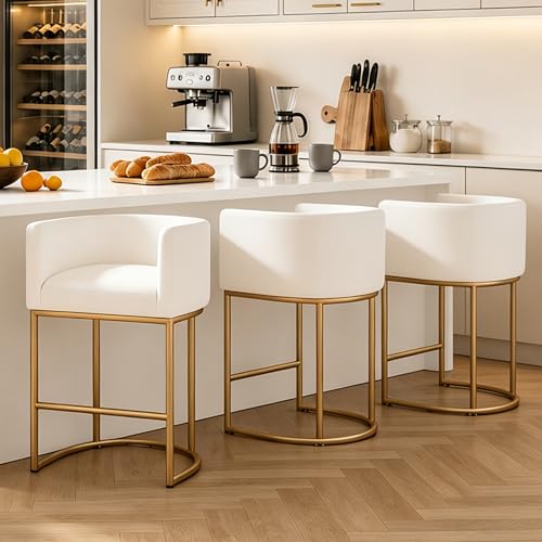Image of 26 inch Counter Height Bar Stools Set of 3, Faux Leather Upholstered Barrel Chairs with Back and Arms, Metal Frame Kitchen Island Stools with Footrest, Cream-Gold Frame