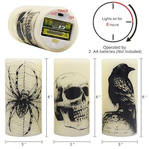 Eldnacele halloween flickering candles with skull spider web crow raven decals set of 3 battery operated halloween themed led candles horror spooky decoration  urban country home decor