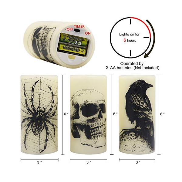 Eldnacele halloween flickering candles with skull spider web crow raven decals set of 3 battery operated halloween themed led candles horror spooky decoration  urban country home decor