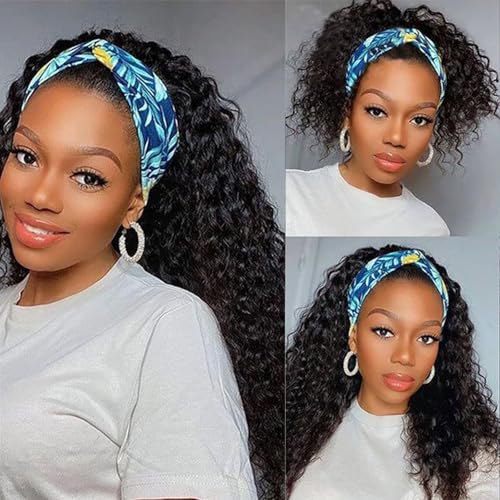Image of Deep Wave Headband Wig Human Hair Curly Headband Half Wigs Machine Made Glueless None Lace Front Wig Brazilian Virgin Human Hair for Black Women Natural Color 150% Density 24Inch