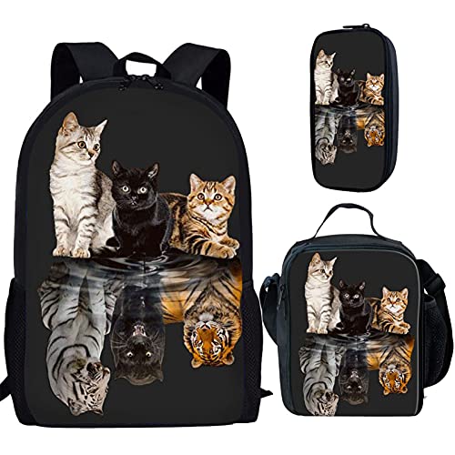 Set di 3 astucci per la scuola per bambini motivo dinosauro borsa termica per il pranzo cinghie regolabili Gatto tigre. Taglia unica Zaini Daypack