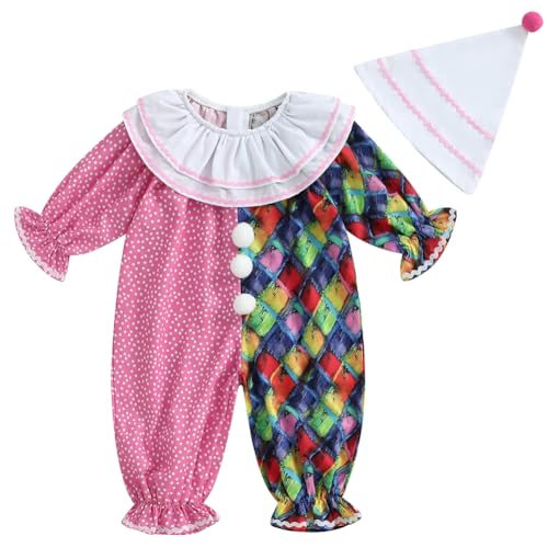 Pudcoco Toddler Baby Boys Girls Halloween Clown Costume Long Sleeve Contrast Color Ruffle Layered Jumpsuit Romper with Hat (Pink, 3-4T)