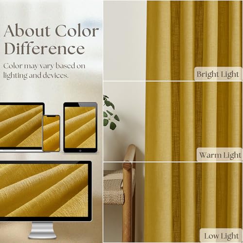 Image of Extra Long Mustard Yellow Linen Curtains 120 Inches Long Gold Yellow Funky Farmhouse Rustic Curtain Light Filtering Semi Sheer Back Tab Pinch Pleat Curtain for Tall Ceiling Living Room 2 Panels