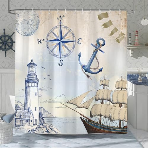PAOPOED Nautical Lighthouse Shower Curtain, Sailboat
