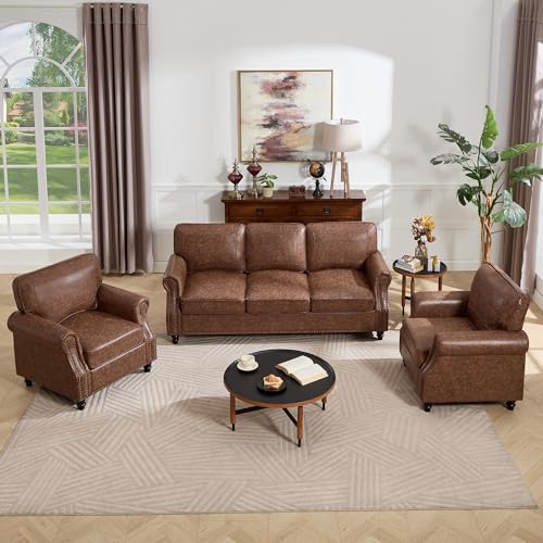 Image of Kingfun 3 Seater Sofa, Mid-Century Modern Faux Leather Couch Set for Living Room, Darkbrown with Rolled Arms & Nailhead Trim, Easy Assembly