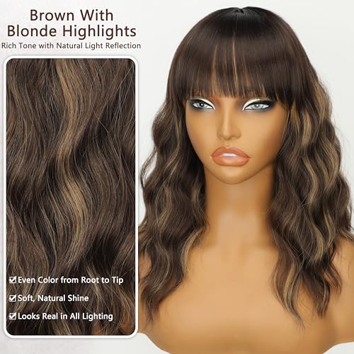 Image of Nnzes Short Wavy Bob Wig with Bangs for Women Shoulder Length Curly Soft Medium Brown with Blonde Highlights Synthetic Heat-Resistant Fiber Hair for Daily & Party Use