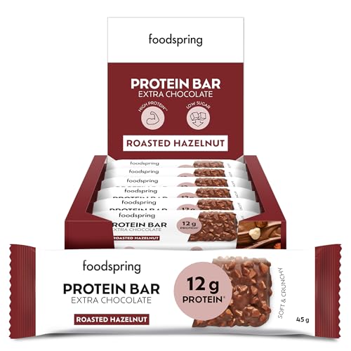Barritas proteicas Extra Choco foodspring - 12 g de proteína por barrita, sin azúcar añadido, nutritivo snack para después del entrenamiento o para llevar - Avellanas Tostadas - 12 x 45 g