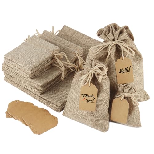 24 Stück Jutesäckchen, Geschenksäckchen 7x9cm/10x14cm/15x20cm, Jutesack Klein Wiederverwendbare Säckchen zum Befüllen, Stoffbeutel Jute-Geschenktüten mit Kordelzug, für Schmuck Party Weihnachten