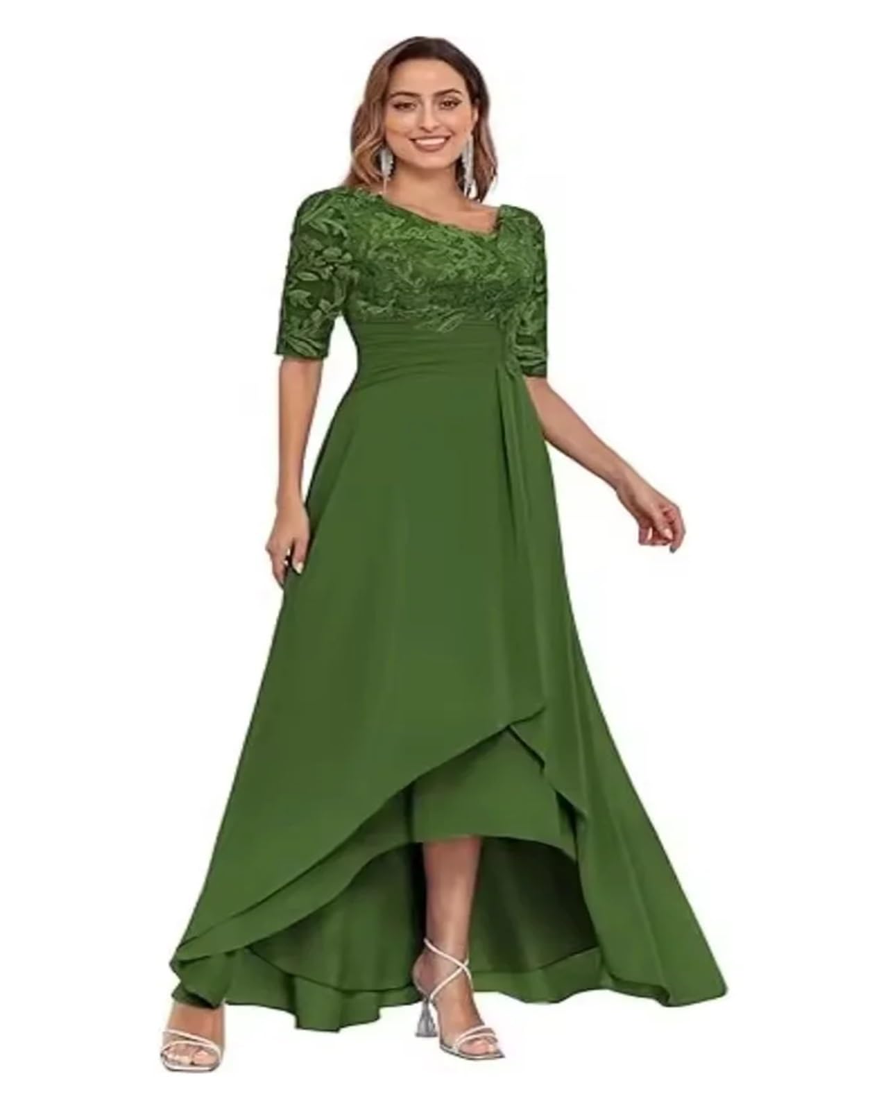 Grazioso Abito da Madre della Sposa in Pizzo for invitata al Matrimonio, Abito da Festa in Chiffon Lungo Fino al Ginocchio(Green,16W)
