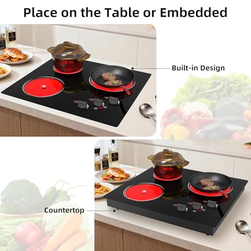 Image of GIHETKUT Electric Cooktop, 220V 5000W Stove Top, 9 Power Levels, Kids Lock & Timer, Hot Surface Indicator, Overheat Protection,knob and touch control 3 Burner Electric cooktop