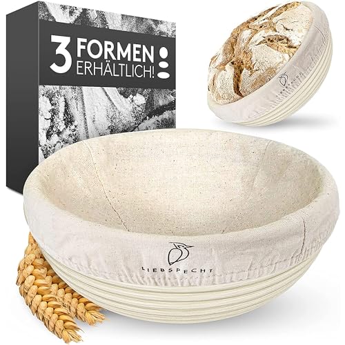Liebspecht Hochwertiger Gärkorb rund (25cm) - Peddigrohr Brotbackform mit waschbarem Leineneinsatz - Optimal für 1Kg Teig - Das perfekte Brot Backen Zubehör...