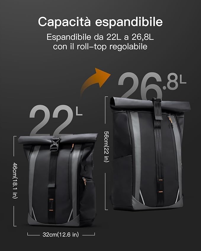 Inateck RollTop 22-26.8L Men's and Women's Laptop Backpack with 180° Opening Main Compartment and Waterproof Zipper, Travel Bag for Leisure and Cycling