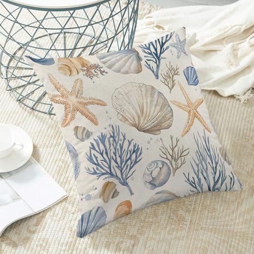 Sorktse Coastal Summer Pillow Covers 18x18 Inch Nautical Blue Coral Starfish Pillow Covers Set of 2 Spring Summer Ocean Beach Seashell Pillow Cases Outdoor Decor for Sofa Bedroom Linen Cushion — view 5