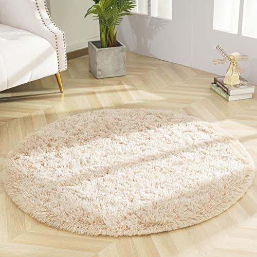 Detum Soft Round Fluffy Bedroom Rugs For Girls Boys, Fuzzy Circle Area Rug For Nursery Playing Reading Room, Kids Room Carpets Shaggy Cute Rugs For Dorm Bedside Home Décor, 4 Feet, Beige #TOP6