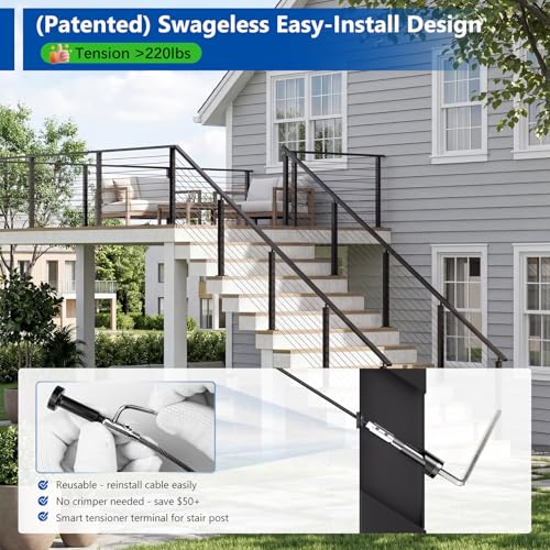 Image of 36 inch 8-16FT Swageless Modular Black Cable Railing System Post Kit with 2 Stair Posts Fit 28-38 Degree Stairway, T304 Stainless Steel, Patent Reusable Cable Railing Kit, Upgraded Powder Coated