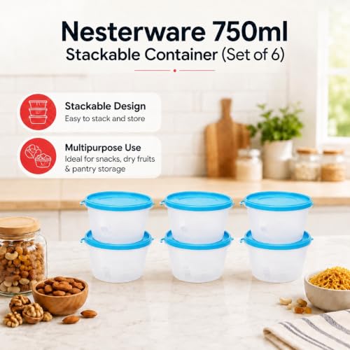 Image of Cutting EDGE Nesterware 750ml Stackable Food Container (Set of 6, Blue) | BPA-free plastic, stackable design, leak-proof, kitchen storage, pantry, fridge, meal prep, reusable, travel use