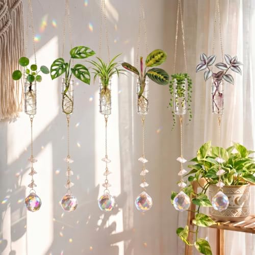 Ferrochef 6 Pcs Plant Propagation Station Colorful Crystal Suncatcher, Handmade Boho Rooting Vase, Hanging Window Plant Propagator Stations Suncatcher with Chain Pendant Ornament Balls (Flower)