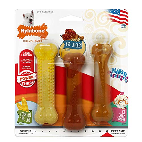 Nylabone 983611 Dura Power Chew, Flavour-Frenzy-Paket mit unterschiedlichen Sorten, Maiskolben-, Grillhähnchen- und Eiscremegeschmack, 3er-Pack, S